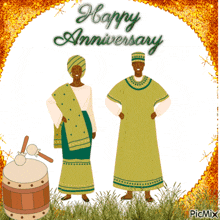 a happy anniversary greeting card with a man and woman standing next to a drum
