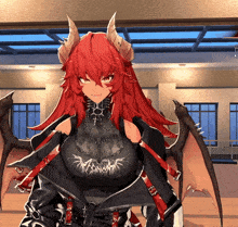a girl with red hair and horns is wearing a black jacket with a cross on it
