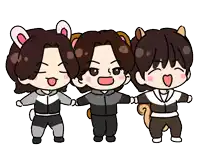 three cartoon characters are standing next to each other and one has a squirrel ear on his head