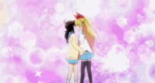 two anime girls are hugging each other in front of a pink background with petals flying around them .