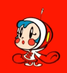 a cartoon character with a red and white hood on a red background