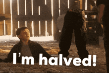 a boy is laying in the hay with the words i 'm halved