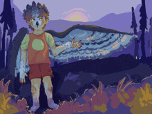 a drawing of a boy with a bird 's wing on his arm