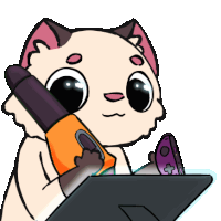 a cartoon cat is holding a pen and a remote control