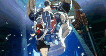 a girl is standing in front of a statue of a robot with the letter o on it