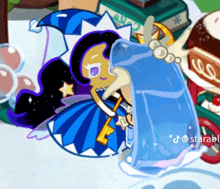 a cartoon of a girl in a blue dress holding a key with a star on her hat