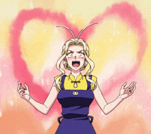 a cartoon girl with a cat on her apron is making a heart shape with her hands