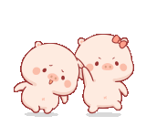 a couple of pigs are standing next to each other and holding hands .