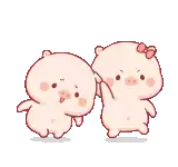 a couple of pigs are standing next to each other and holding hands .