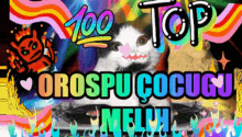 a colorful poster with a cat and the words 100 top orospu cocucu melih