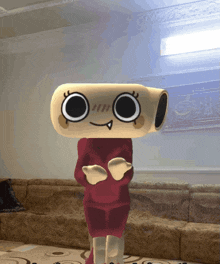 a cartoon character is standing in a living room with a couch in the background