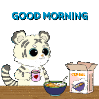 a cartoon of a tiger eating cereal and drinking coffee