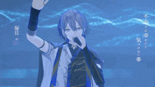 a cartoon character is singing into a microphone with a blue background