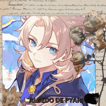 a picture of albedo de pyari with a cat and flowers in the background