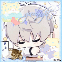 a picture of a boy sleeping next to a cat with the words goodnight written on it