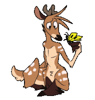 a cartoon drawing of a deer holding a yellow butterfly