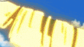 a yellow beam of light is flying through a blue sky with clouds .
