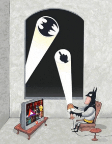 a cartoon of a man dressed as batman sitting in front of a tv