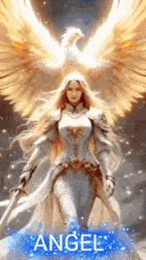 a woman with angel wings holding a sword and a phoenix behind her