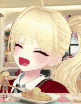 a girl with blonde hair is sitting at a table with a plate of food
