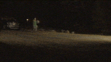 a man in a green vest is standing in front of a white house at night