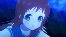 a close up of a girl with blue eyes and a blue background that says loveanime