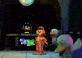 a cartoon bear is standing in front of a duck and a duck .