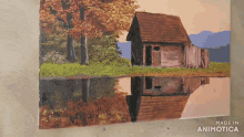 a painting of a house in the woods is made in animatica