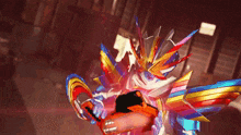 a colorful cartoon character is holding a red object in his hands
