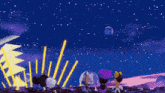 a group of cartoon characters are looking up at a pyramid in the sky