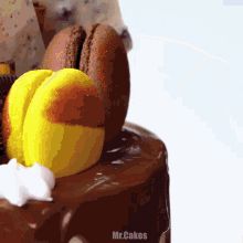 a close up of a cake with mr.cakes written on the bottom right