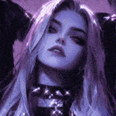 a painting of a girl with purple hair and a purple background
