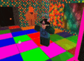 a person in a pirate hat is standing on a colorful dance floor in a room with the name sel on the wall