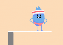 a blue cartoon character is standing on a balance beam wearing a headband