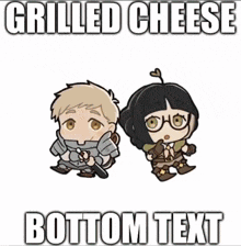 a cartoon of a man and woman with grilled cheese bottom text