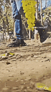 a person is standing in the dirt with a bunch of grapes on their feet