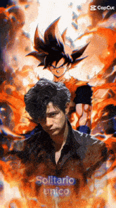 a man is standing in front of a dragon ball z character and the words solitario unico are below him