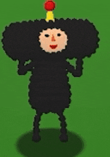 a cartoon character in a black sheep costume is standing next to a blue circle on a green field .