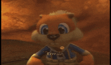 a cartoon squirrel wearing a blue shirt that says err