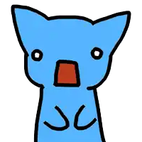 a drawing of a blue cat with a surprised expression