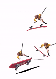 a girl with a sword is riding a skateboard with the word pain on it