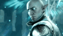 a bald elf with blue eyes is standing in a dark room looking at the camera .