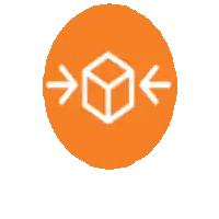 an orange circle with a cube and three arrows pointing in opposite directions .