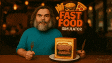 a man holding a fork and knife in front of a fast food simulator