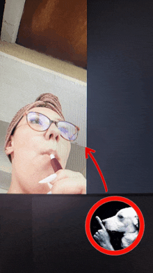 a woman wearing glasses holds a pen in her mouth while a picture of a dog is displayed in a red circle
