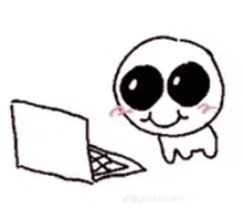 a drawing of a skull with big eyes looking at a laptop .