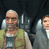 a man wearing a vest with the word arval on it stands next to a woman