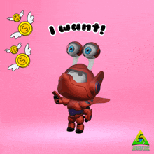 a cartoon character with the words " i want " on the bottom
