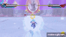 a screenshot of a video game with a purple background