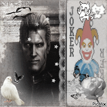 a black and white photo of a man with a joker card